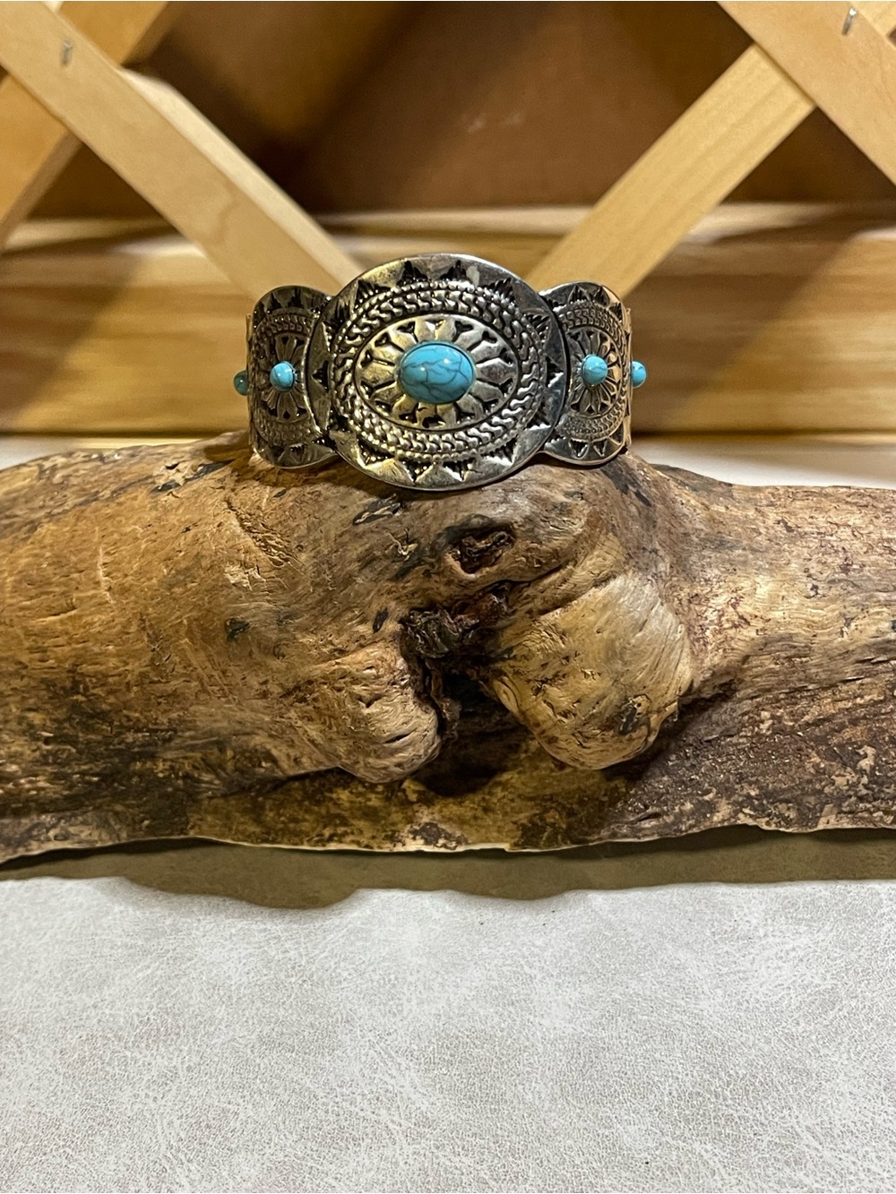 Simulated Turquoise Stone Silver-Tone  Cuff Bracelet -Southwestern Style